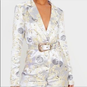 Jacquard Long Sleeve Belt Blazer Dress